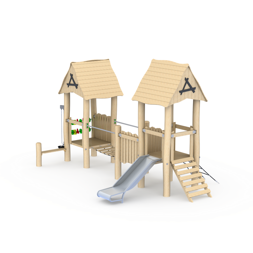 Robinia play tower with platform, climbing access and slide