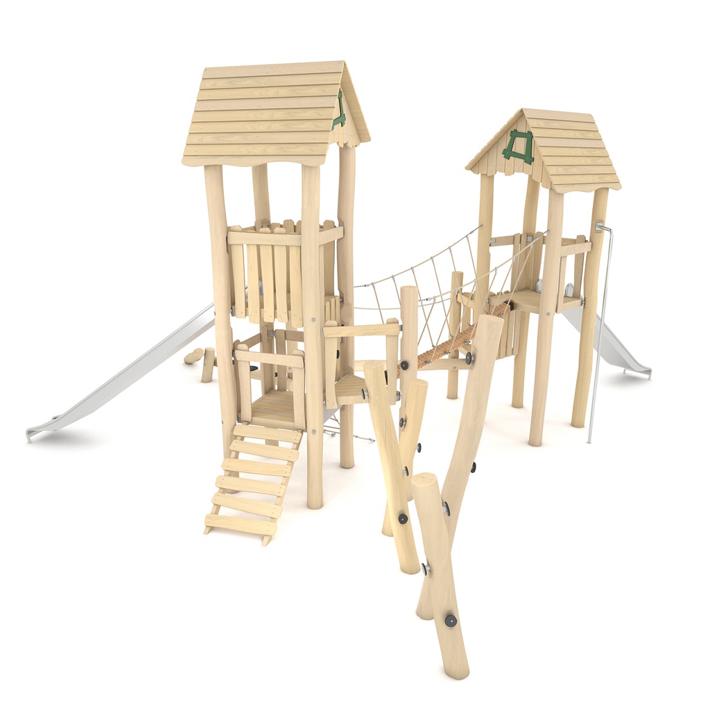 Robinia play structure with climbing net and balance beam